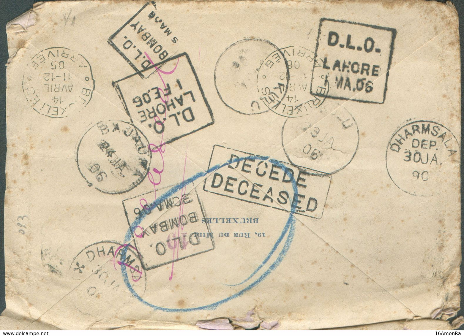 Incoming Mail - Cover From Belgium (fr. 25c.) Canc. BRUXELLES Jan. 1906 To Bagotla (Kulu) Punjab, (biffé) And Return  - - Sonstige & Ohne Zuordnung