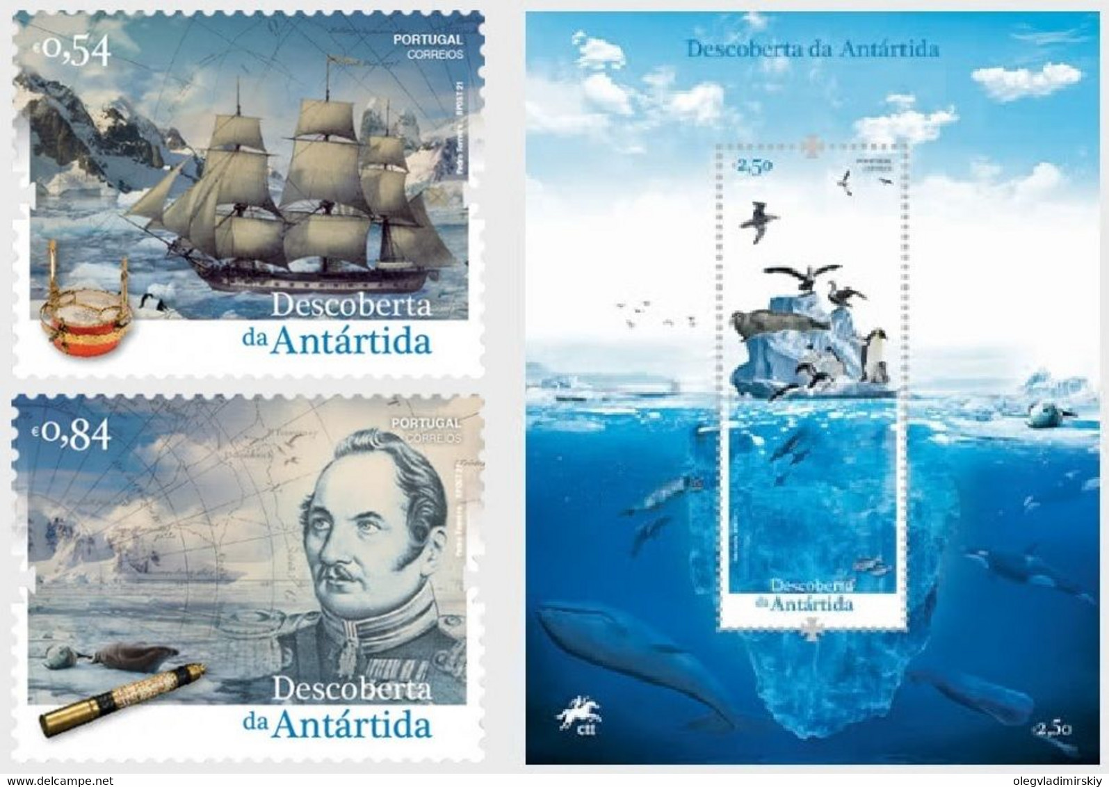 Portugal 2013 The Discovery Of Antarctica Set Of 2 Stamps And Block Mint - Antarktischen Tierwelt