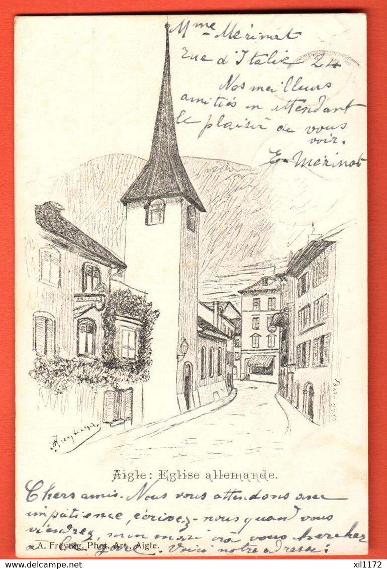 ZPT-12  Aigle  Dessin Eglise Allemande  Freyer Aigle, Dos Simple Circ. Vers Aigle En 1901 - Aigle