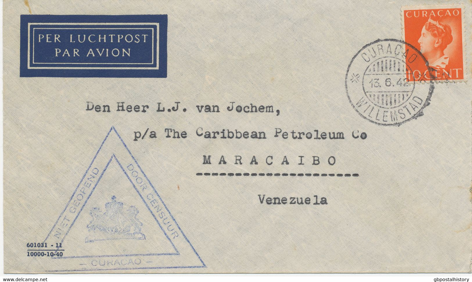 CURACAO - NIEDERLÄNDISCHE ANTILLEN 1942 10C Königin Wilhelmina Als EF A. Kab.-Lupo-Bf Nach Venezuela ZENSUR - West Indies