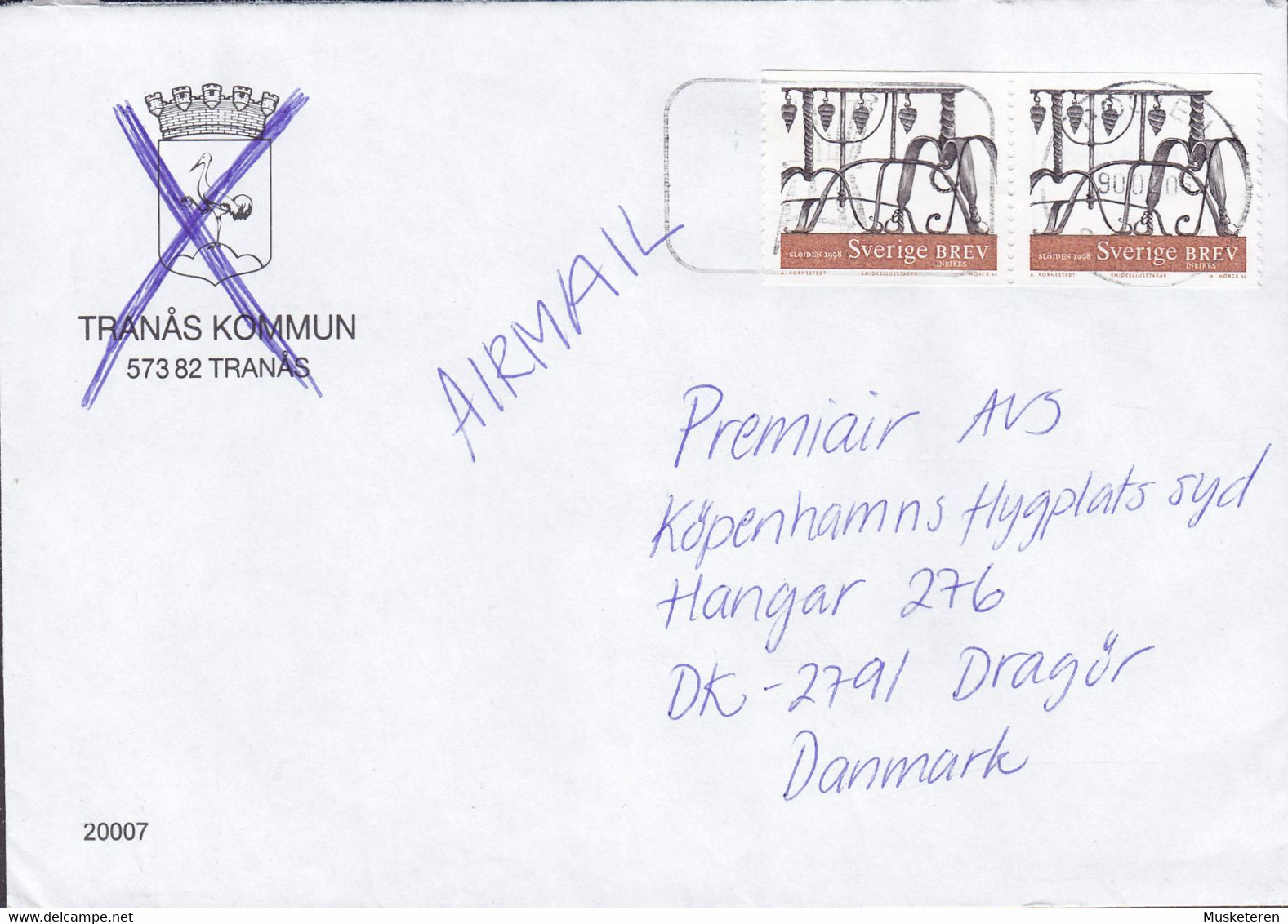 Sweden TRANÅS KOMMUN Cachet (Erased) POSTEN Cover Brief DRAGØR Denmark 2x Slöjden 2-Sided Perf. Stamps - Lettres & Documents