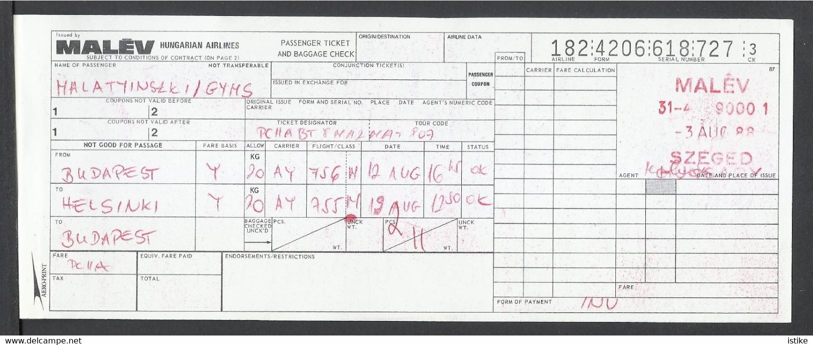 Hungarian Airlines, Malév, Ticket, Baggage Check And Holder, 1988. - Europa