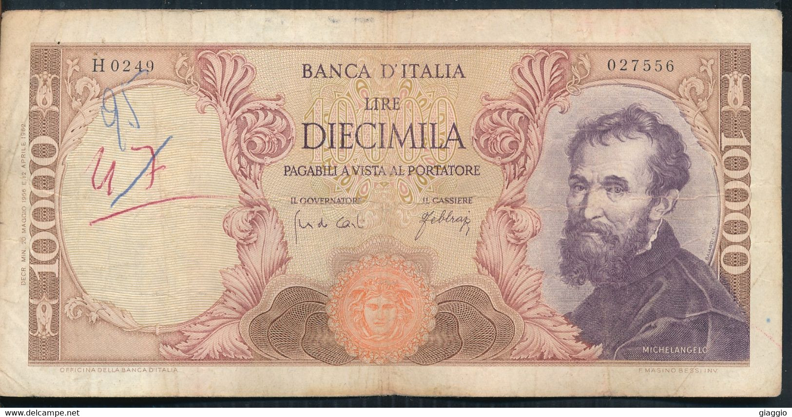 °°° ITALIA - 10000 LIRE MICHELANGELO 20/05/1966 SERIE H °°° - 10.000 Lire