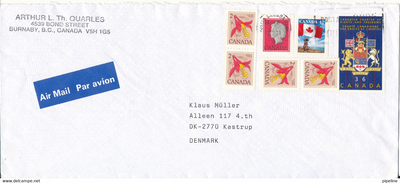 Canada Cover Sent Air Mail To Denmark 14-10-2001 - Lettres & Documents