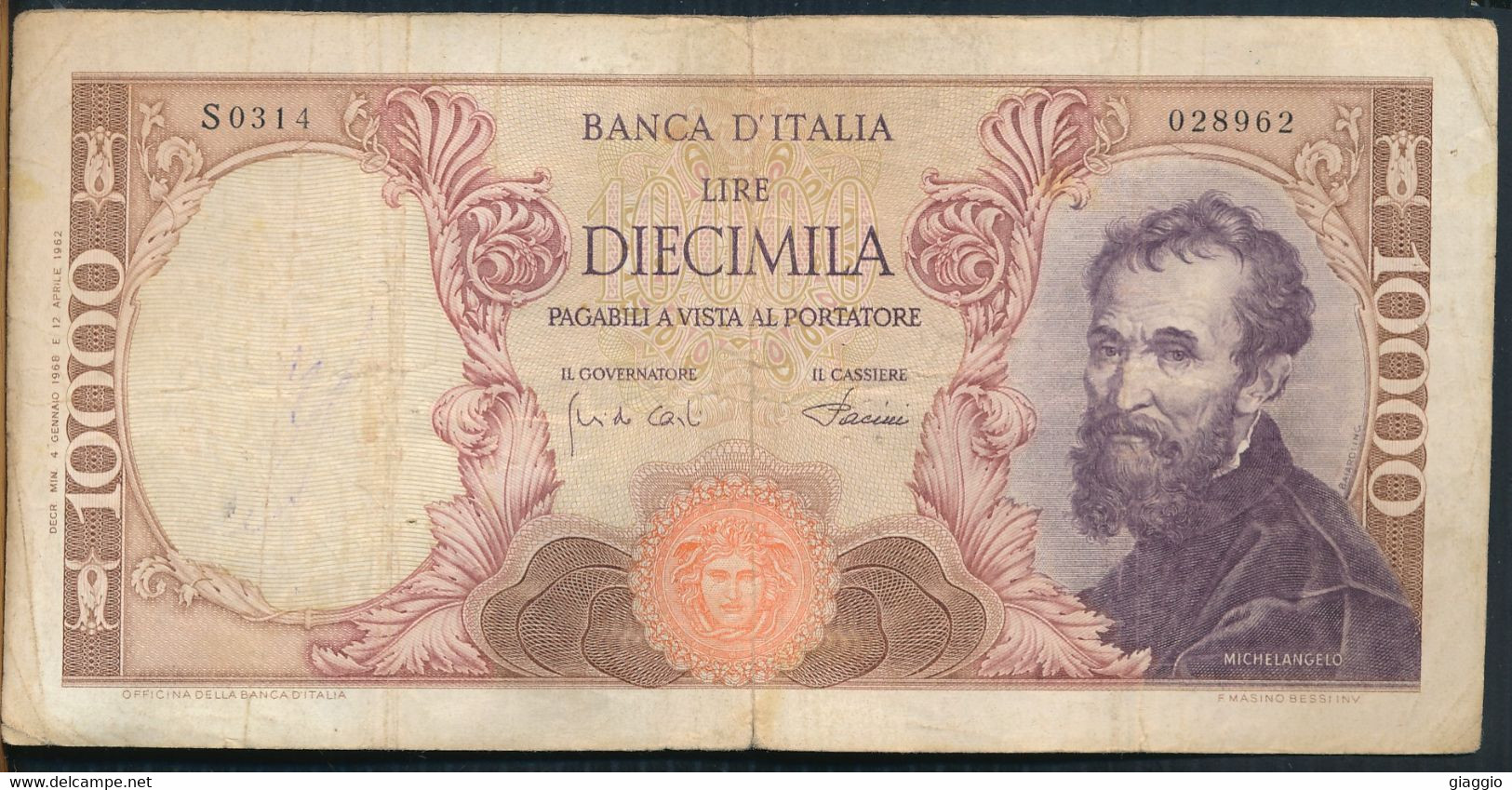 °°° ITALIA - 10000 LIRE MICHELANGELO 04/01/1968 SERIE S °°° - 10000 Lire