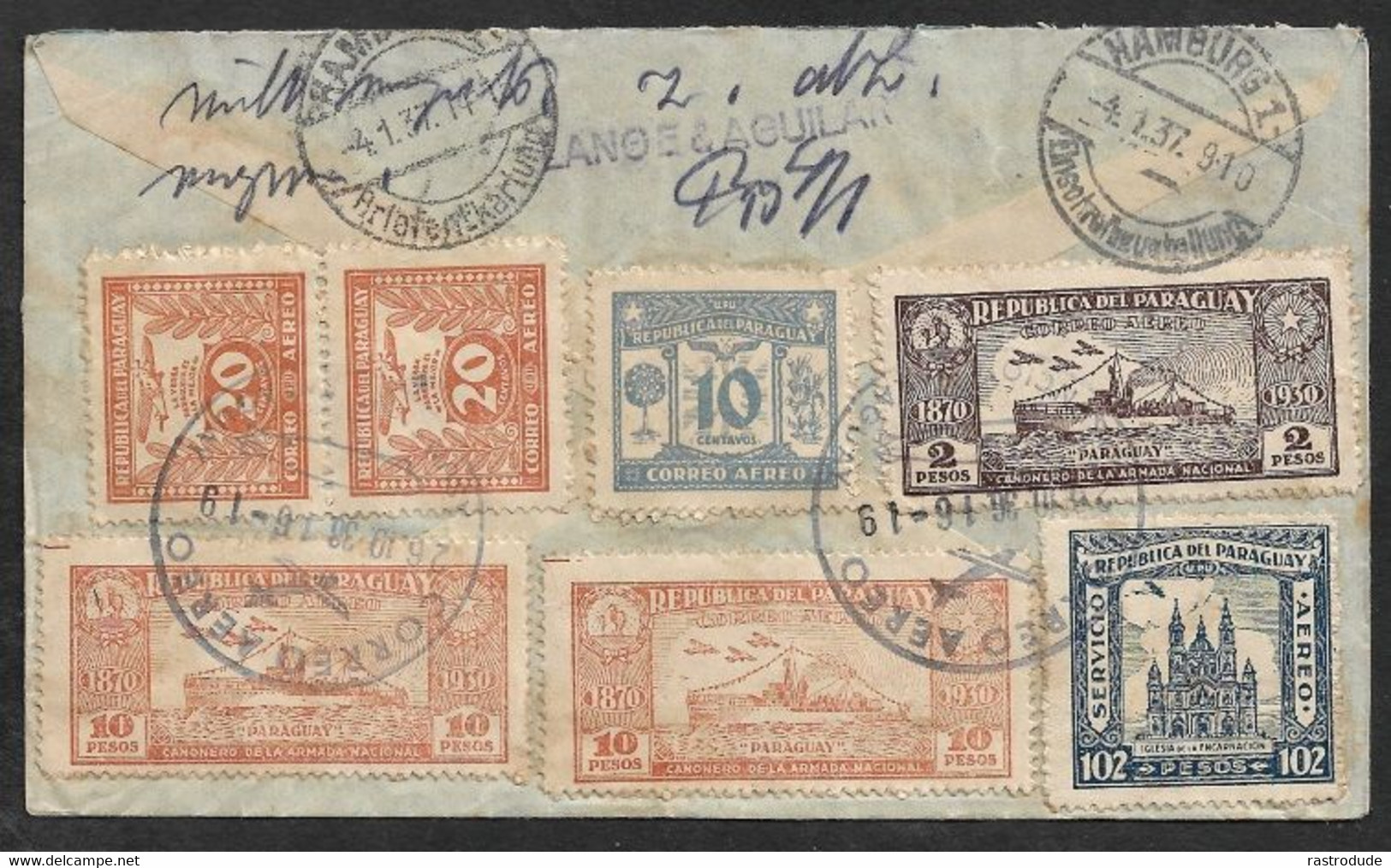 1937 PARAGUAY  - REGISTERED AIRMAIL COVER TO HAMBURG, GERMANY - VIA CONDOR - Paraguay