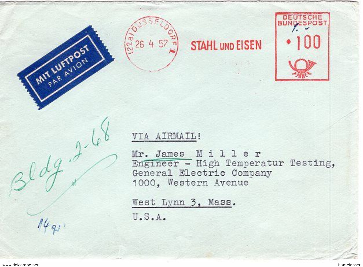 52319 - Bund - 1957 - 100Pfg AbsFreistpl DUESSELDORF - STAHL UND EISEN A LpBf -> West Lynn, MA (USA) - Lettres & Documents