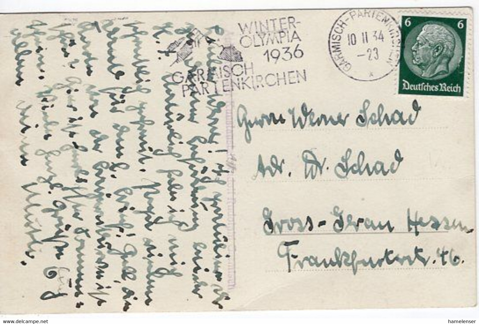 52568 - Deutsches Reich - 1934 - 6Pfg Hindenburg EF A AnsKte GARMISCH-PARTENKIRCHEN - WINTER-OLYMPIA 1936 ... -> Hessen - Winter 1936: Garmisch-Partenkirchen