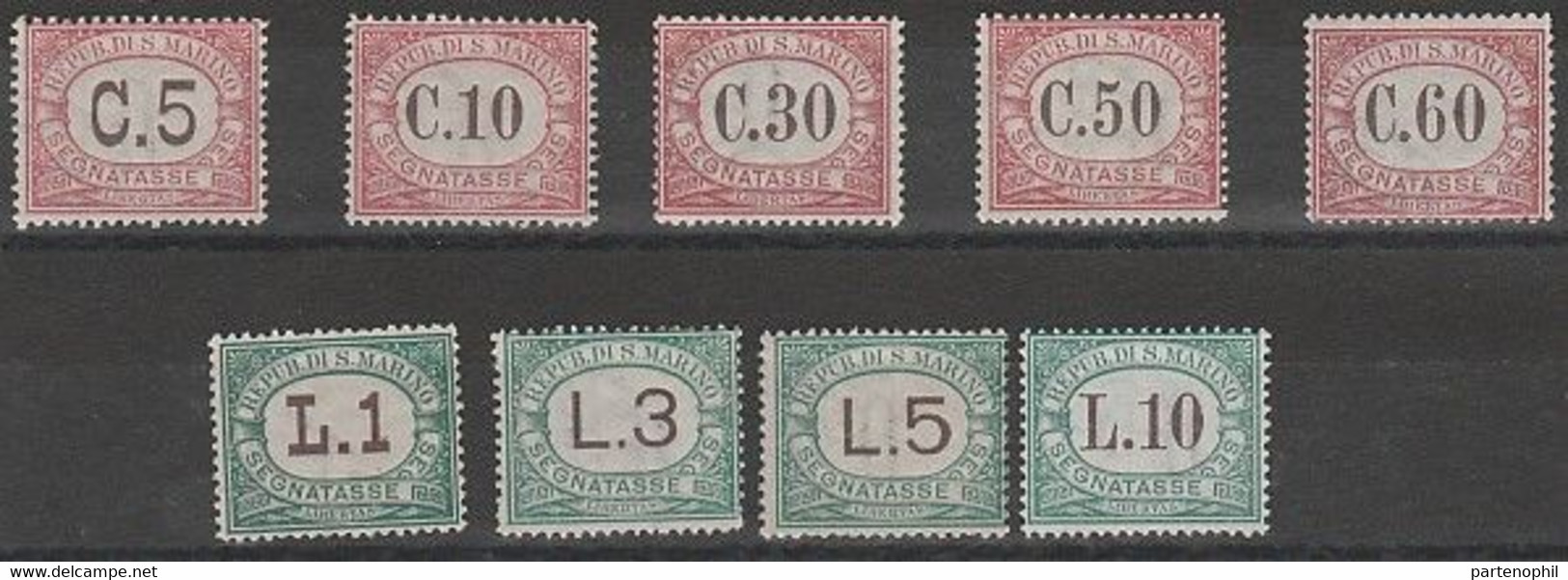 498 San Marino - Segnatasse  1924 - Colori Dei Riquadri Cambiati N. 10/18. Cert. R. Diena. Cat. € 2250,00MNH - Postage Due