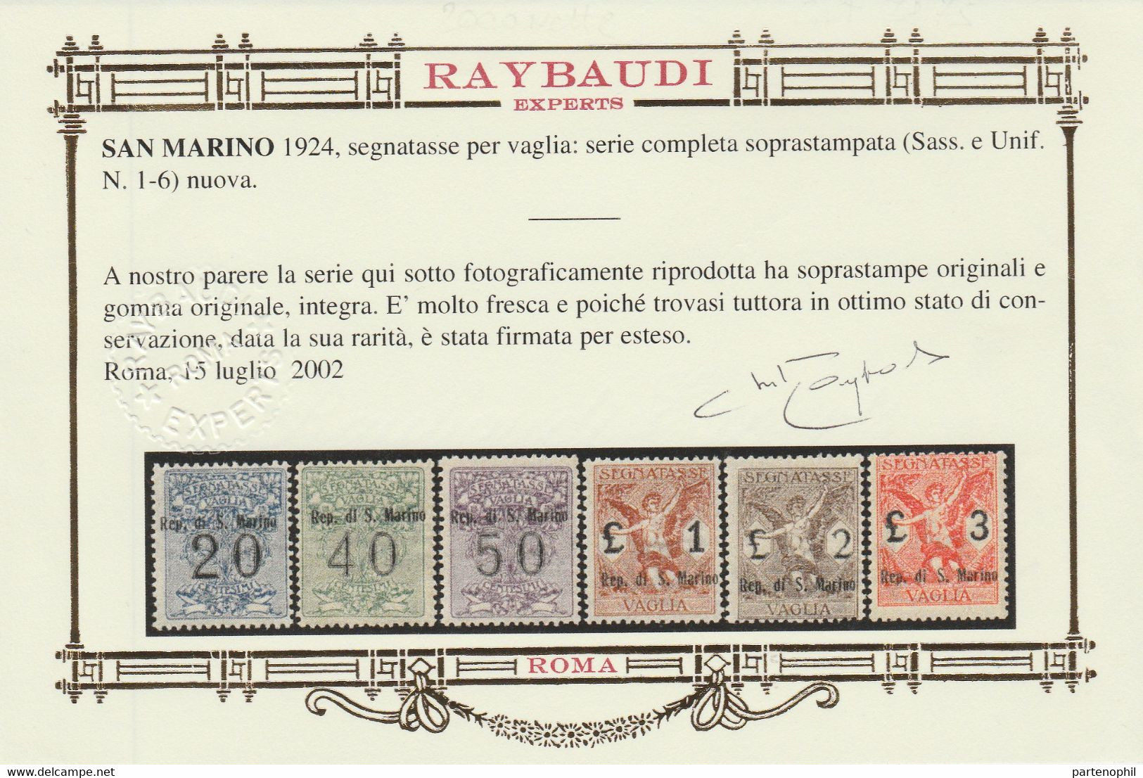 504 San Marino - Segnatasse Per Vaglia  1924 - Francobolli D’Italia Soprastampati Rep. Di S. Marino N. 1/6. Cert. RayMNH - Postage Due