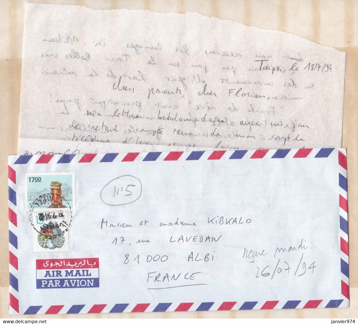 TAIWAN 5 lettres + enveloppes 1994 , Taipei pour Albi France , voir 11 Scan Recto verso