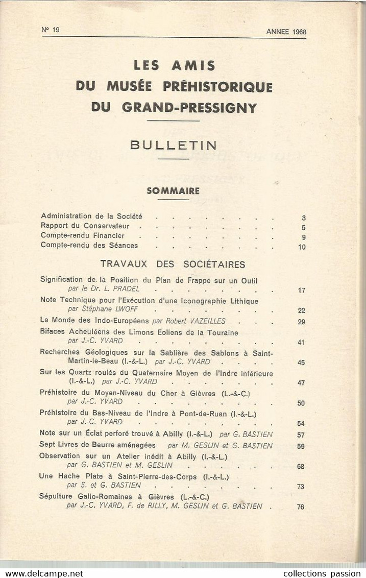 Archéologie, LES AMIS DU MUSEE PREHISTORIQUE DU GRAND-PRESSIGNY, N° 19, 1968, Frais Fr 6.15 E - Archäologie