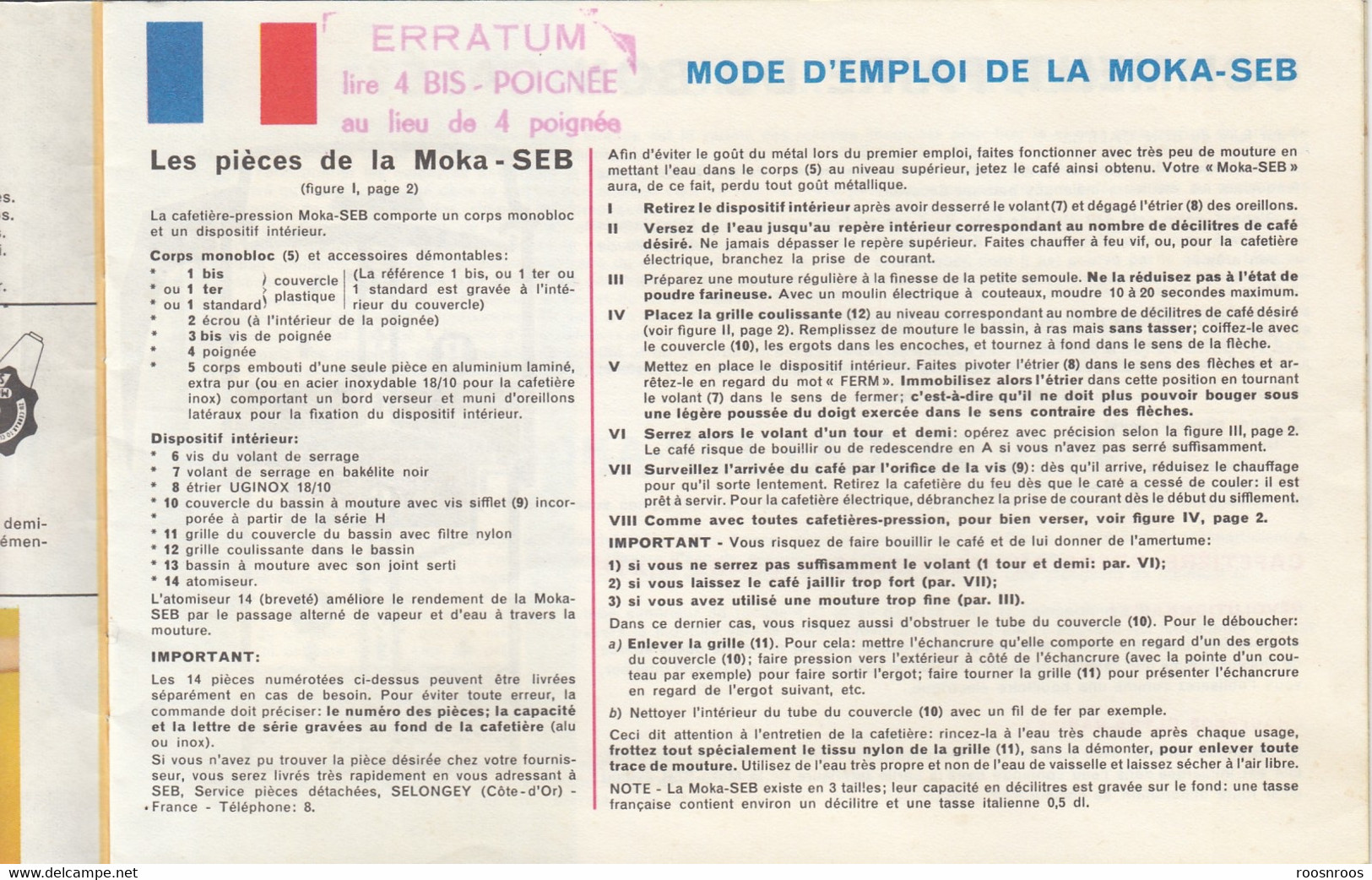 MODE D'EMPLOI CAFETIERE PRESSION - SEB MOKA - ANNEES 60 - Materiaal En Toebehoren