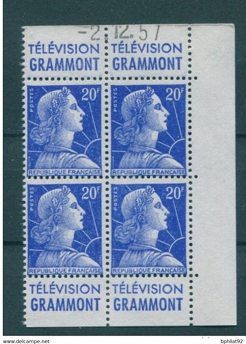 !!! 20 F MARIANNE DE MULLER BLOC DE 4 AVEC PUBS GRAMMONT  - GRAMMONT ET COIN DATE NEUF ** - 1950-1959