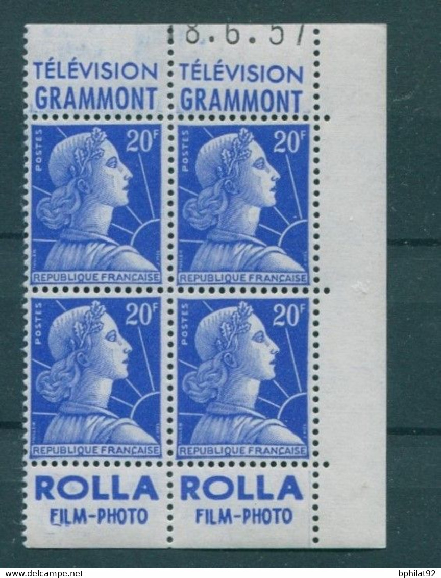 !!! 20 F MARIANNE DE MULLER BLOC DE 4 AVEC PUBS GRAMMONT  - ROLLA ET COIN DATE NEUF ** - 1950-1959