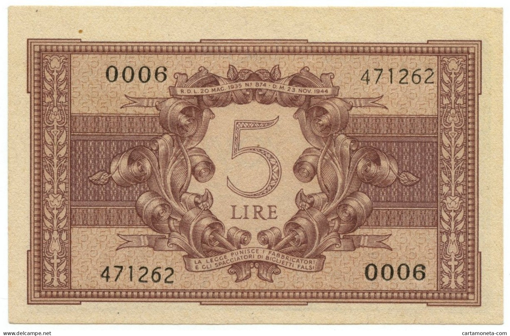 5 LIRE BIGLIETTO DI STATO ATENA LUOGOTENENZA UMBERTO VENTURA 23/11/1944 QFDS - Andere