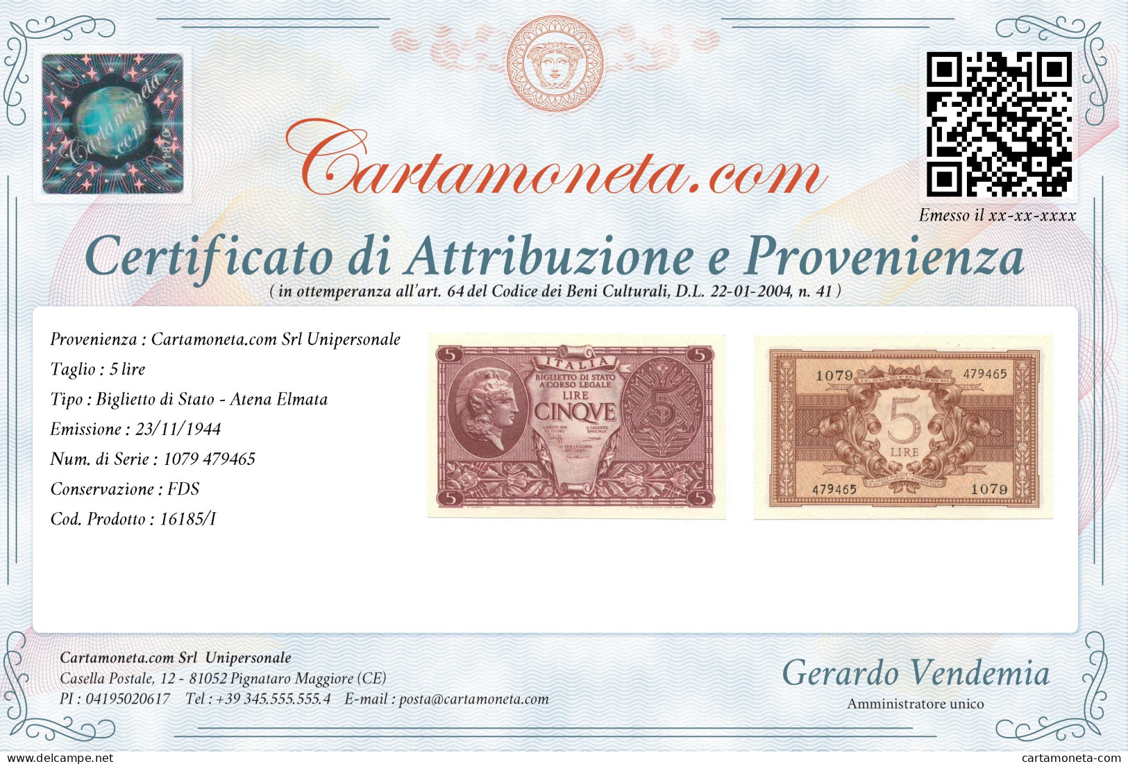 5 LIRE BIGLIETTO STATO ATENA LUOGOTENENZA UMBERTO CAVALLARO 23/11/1944 FDS - Andere