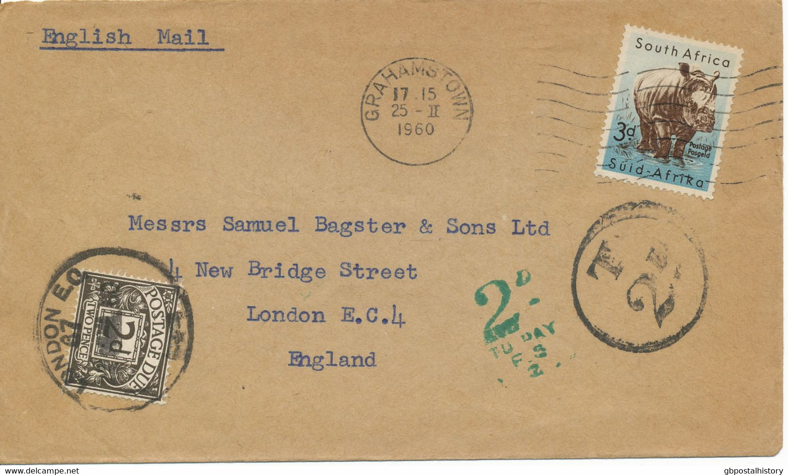 GB POSTAGE DUE 1960 Superb Cover From South Africa W Postage Due 2d + Postage Due-postmarks - Impuestos