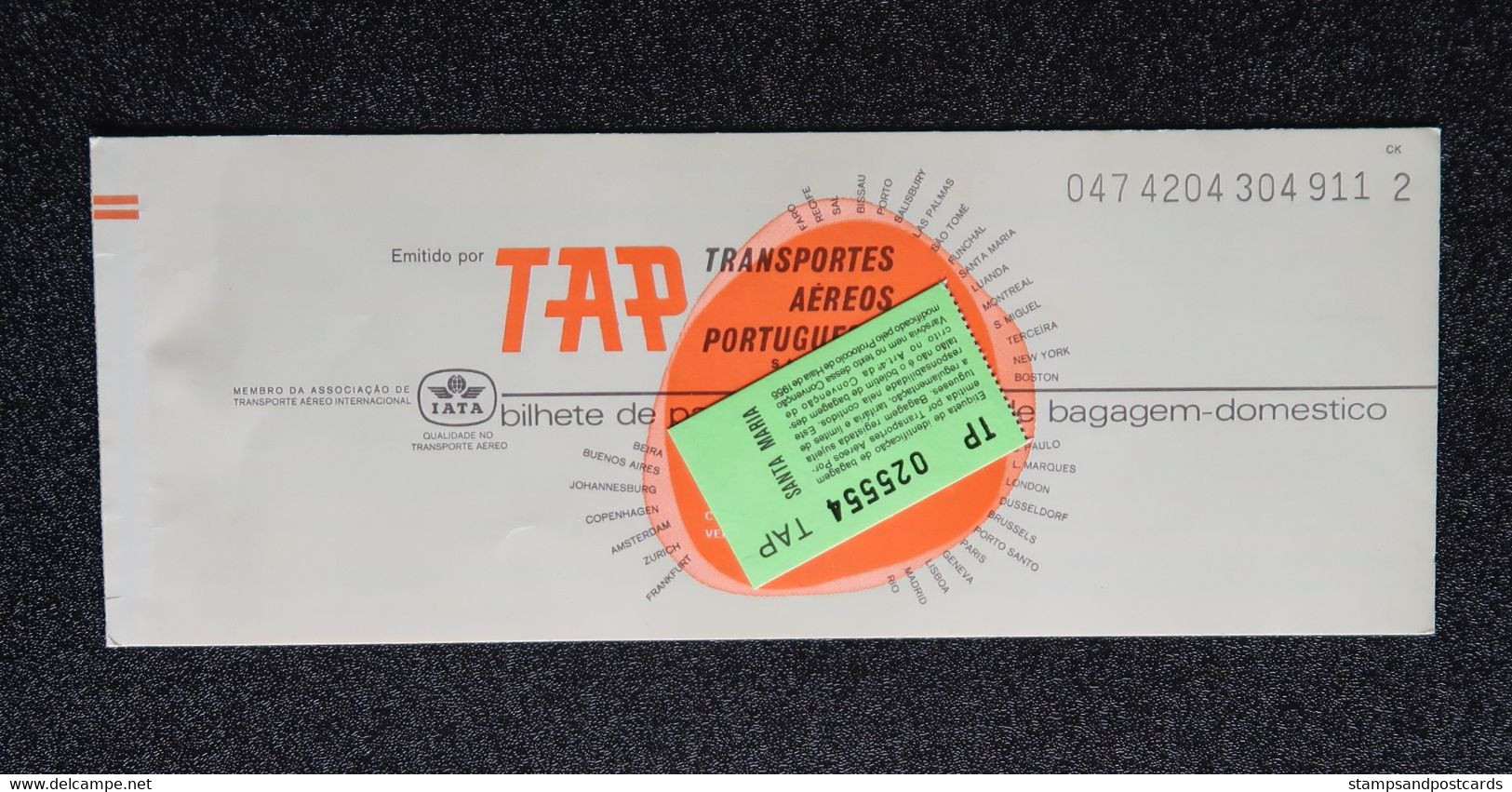 Billet D' Avion 1976 TAP Air Portugal Lisbonne Santa Maria Azores Talon Bagage Plane Ticket To Açores - Europa