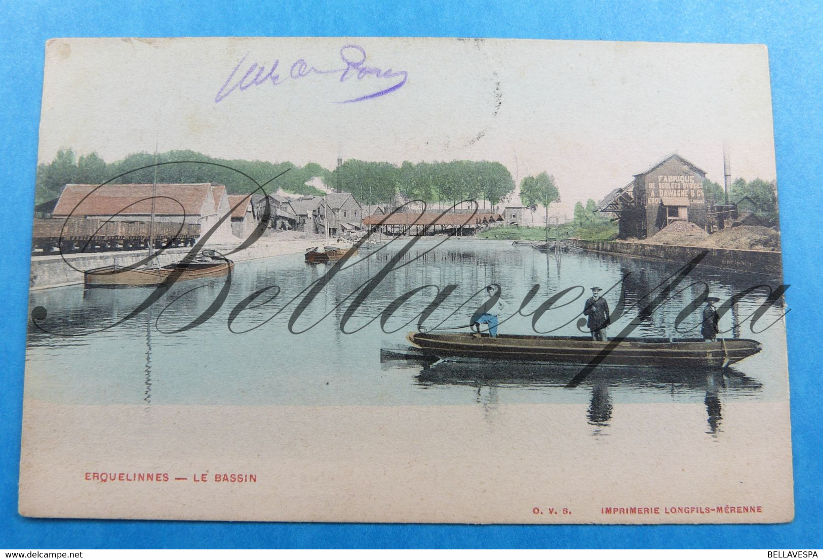 Erquelinnes Le Bassin. Edit O.V.S. Longfils Mérenne-1904-Canal Binnenvaart-Peniche-Fabrique Boulets A.Dawaghe - Erquelinnes