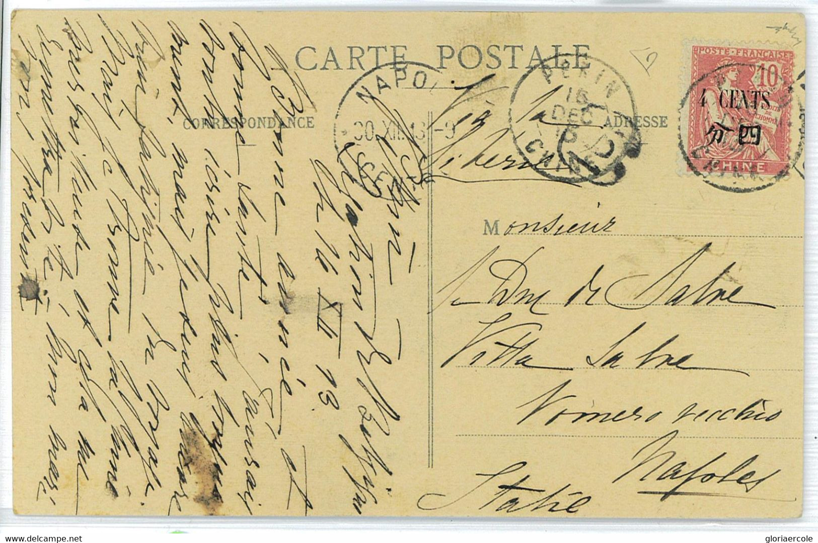 P0262 -  FRANCE Postoffice In CHINA - Postal HISTORY: POSTCARD To ITALY  1913 - Cartas & Documentos