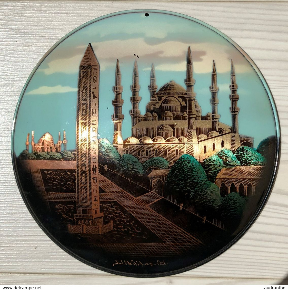 Ancienne Plaque Décorative En Métal Peint Turquie La Mosquée Bleue Ou Sultan Ahmed Camii Istambul - Oriental Art