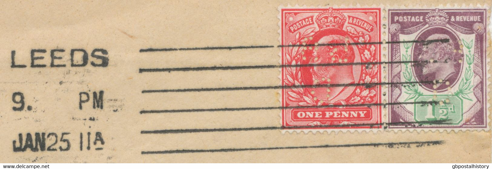 GB 1911 King EVII 1d And 1 ½d Mixed Postage (both PERFINS „BS / D“, 1 D Reversed!) Tied By LEEDS Columbia Machine - Lettres & Documents