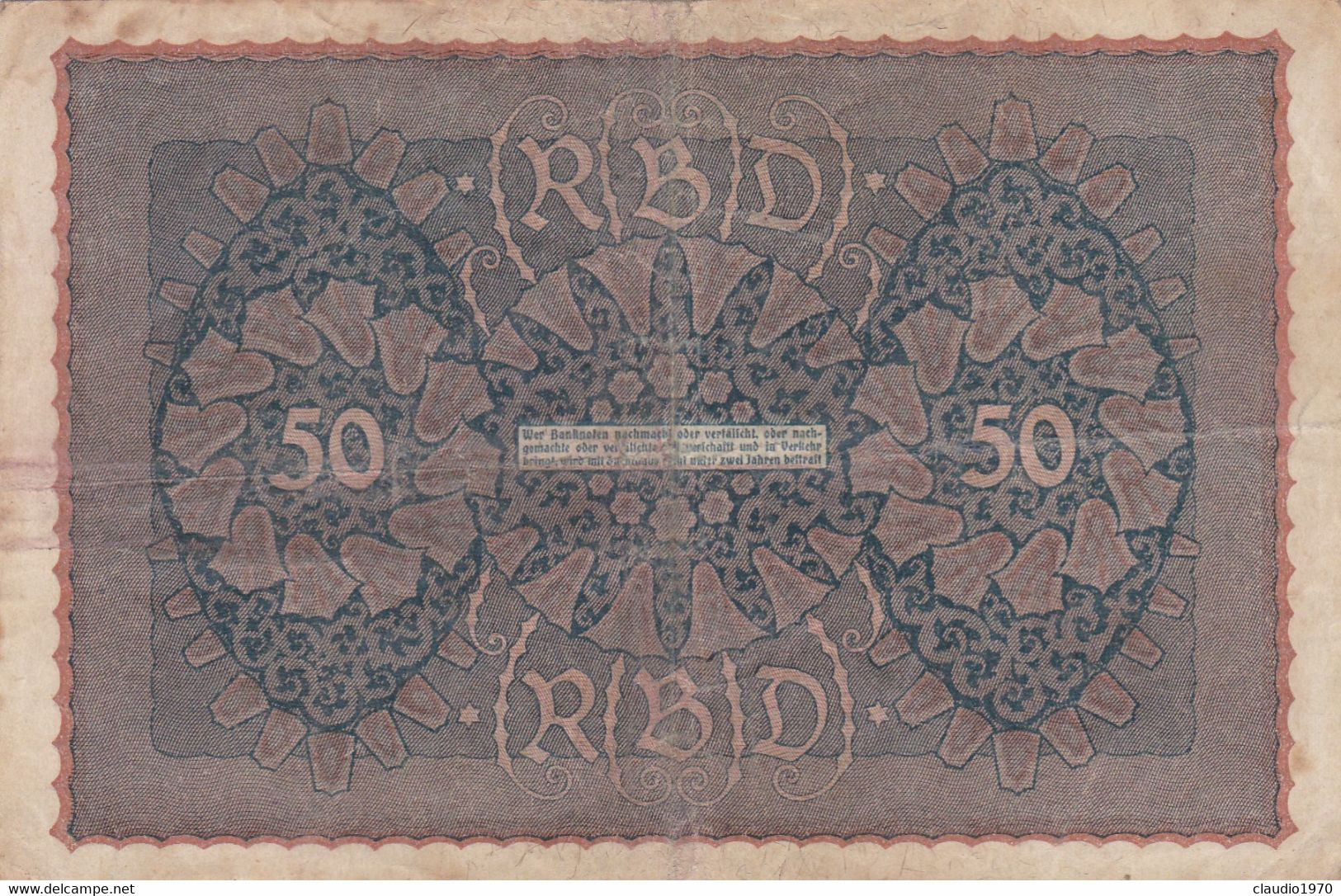 GERMANIA - 1919 BANCONOTE TEDESCA  - REPUBBLICA DI WEIMAR BANCONOTE - 50 FUNFZIG MARK - 50 Mark