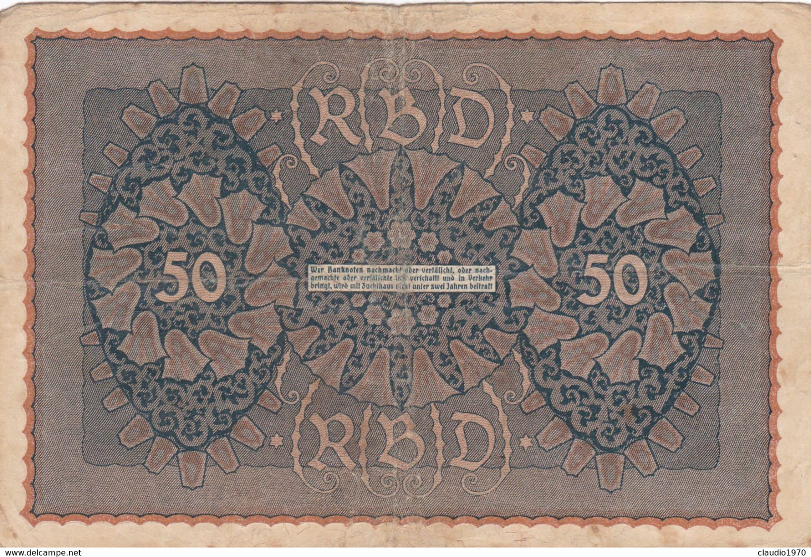 GERMANIA - 1919 BANCONOTE TEDESCA  - REPUBBLICA DI WEIMAR BANCONOTE - 50 FUNFZIG MARK - 50 Mark