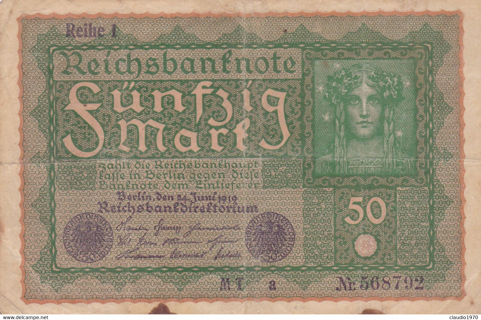 GERMANIA - 1919 BANCONOTE TEDESCA  - REPUBBLICA DI WEIMAR BANCONOTE - 50 FUNFZIG MARK - 50 Mark