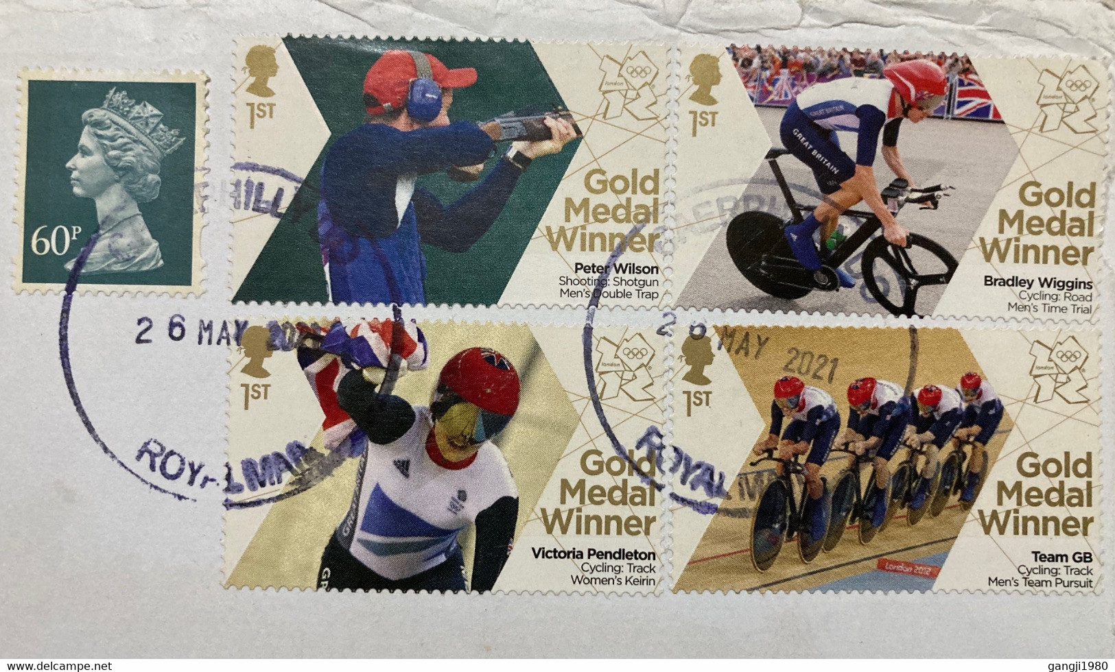 GREAT BRITAIN 2020, CYCLING 3 DIFFERENT,SHOOTING GOLD MEDAL ,QUEEN 5 STAMPS USED COVER TO INDIA - Covers & Documents