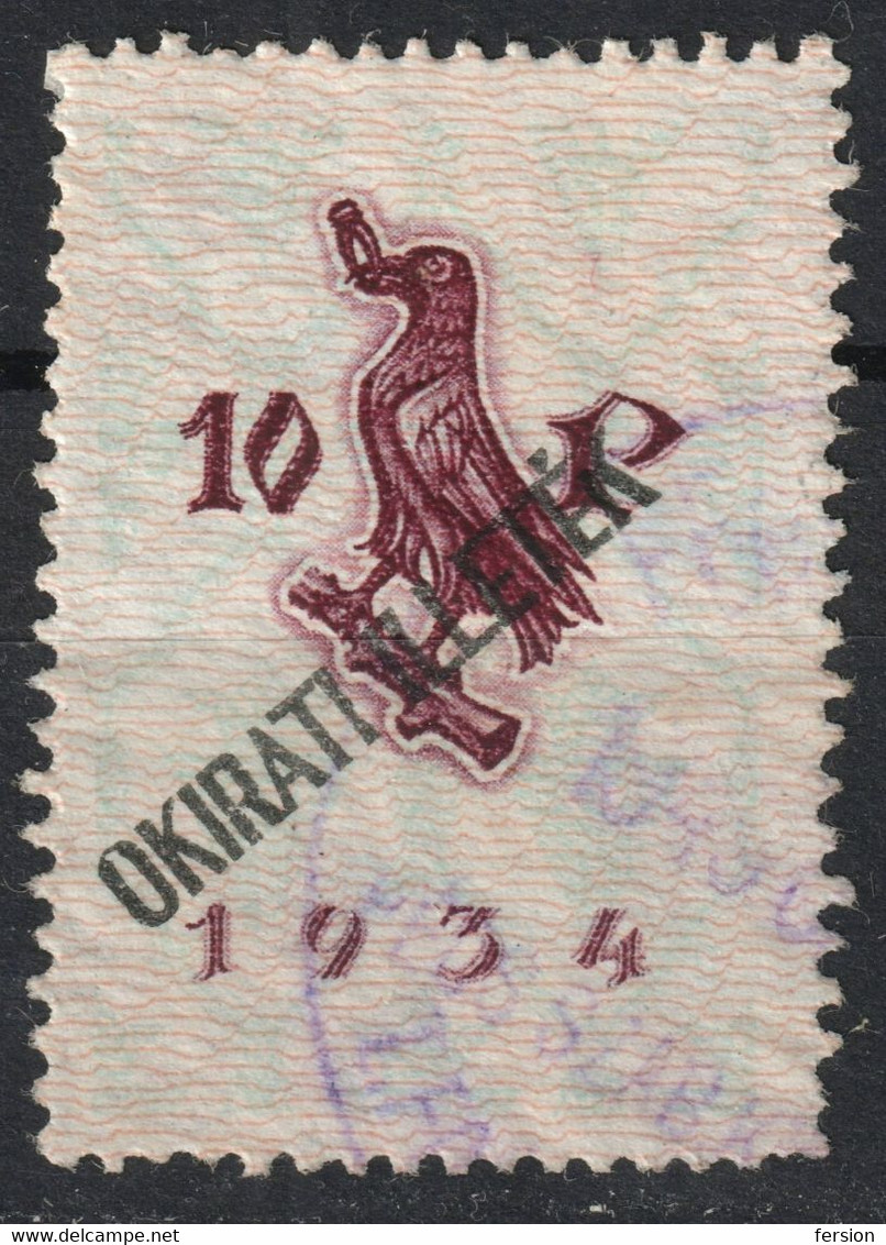 1945 Hungary - Revenue Tax Stamp - 10 P Adopengo OKIRATI ILLETÉK Overprint - Used RAVEN RING Corvin 1934 - Fiscales