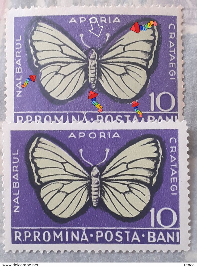 Errors Romanua 1956  # MI 1586 White Butterfly  Printed  With Move Moth Shifted To The Right Unused - Abarten Und Kuriositäten