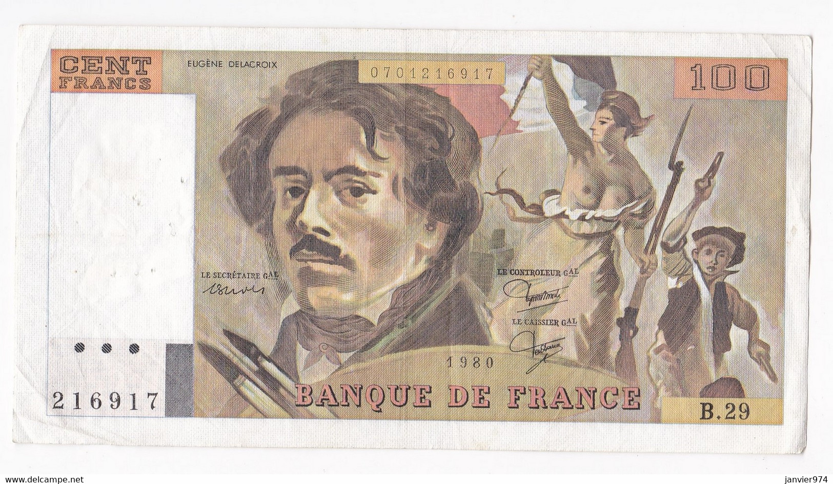 100 Francs Delacroix 1980 Alphabet B.29 N 216917,  Billet Ayant Circulé - 100 F 1978-1995 ''Delacroix''