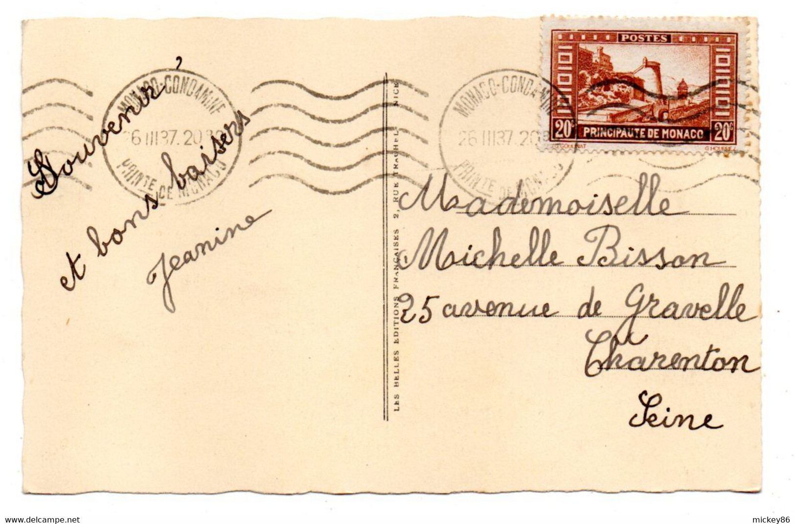 MONACO- 1937 - Timbre N° 120 Seul Sur Carte Postale MENTON...cachet  Krag Monaco Comdamine - Covers & Documents