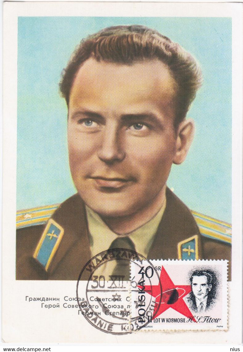 Poland Polska 1964 Cosmonaut Astronaut Titov, Pace Cosmos Rocket Missile, Canceled In Warszawa, Post Card USSR 1961 - Tarjetas Máxima