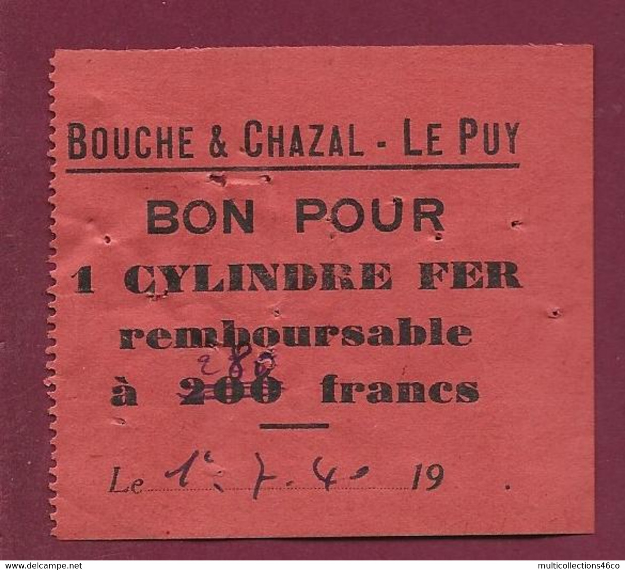 130622A - BON NECESSITE - Bouche & Chazal LE PUY Cylindre Fer Remboursable 280 Francs 1940 - Notgeld