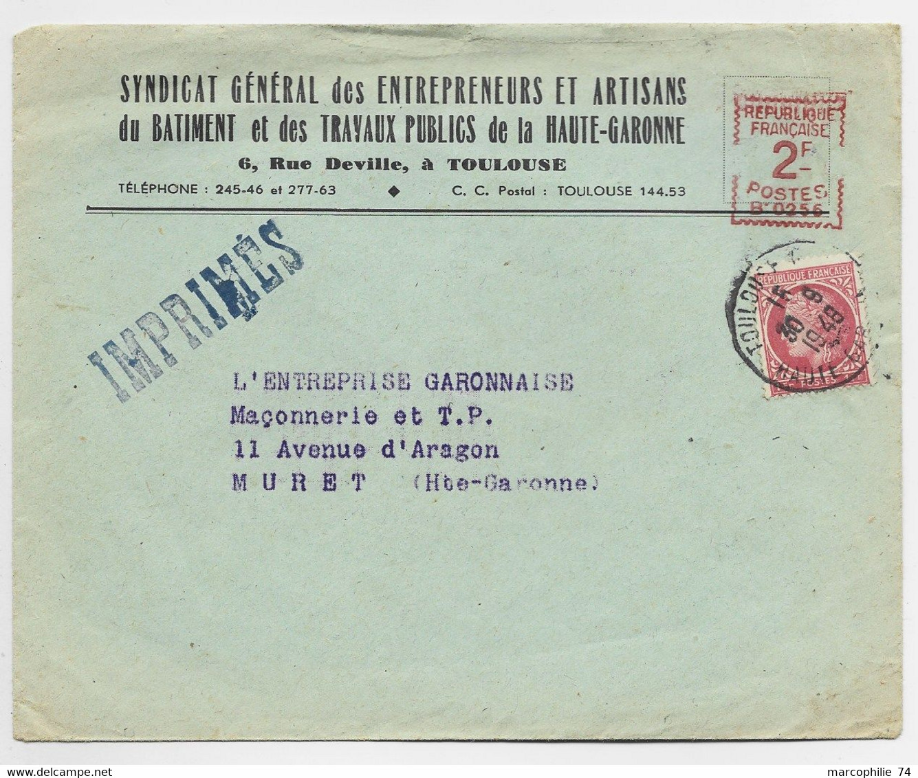 FRANCE MAZELIN 1FR MIXTE EMA 2FR B0256 TOULOUSE 30.9.1948 LETTRE TARIF IMPRIME PEU COMMUN - 1945-47 Cérès De Mazelin