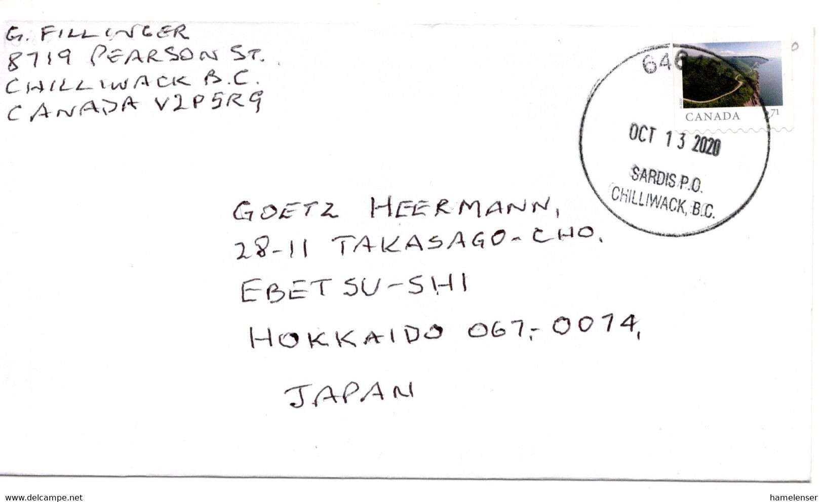 59590 - Canada - 2020 - $2.71 Landschaft EF A Bf SARDIS P.O. CHILLIWACK, B.C. -> Japan - Lettres & Documents