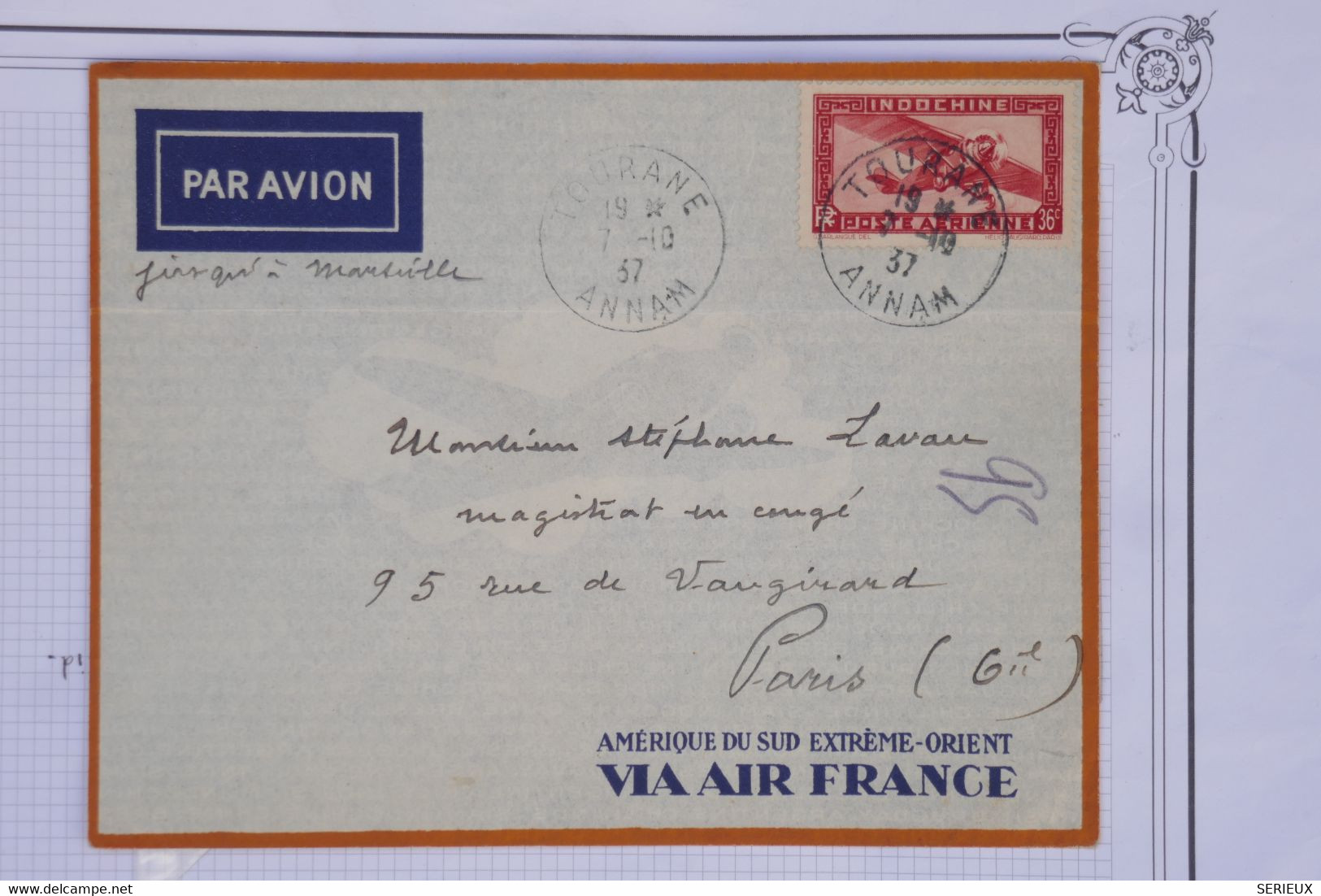 AW8 INDOCHINE   BELLE  LETTRE 1937  PETIT BUREAU  TOURANE  A  PARIS  FRANCE  +  +AFFRANCHIS. PLAISANT. - Luftpost