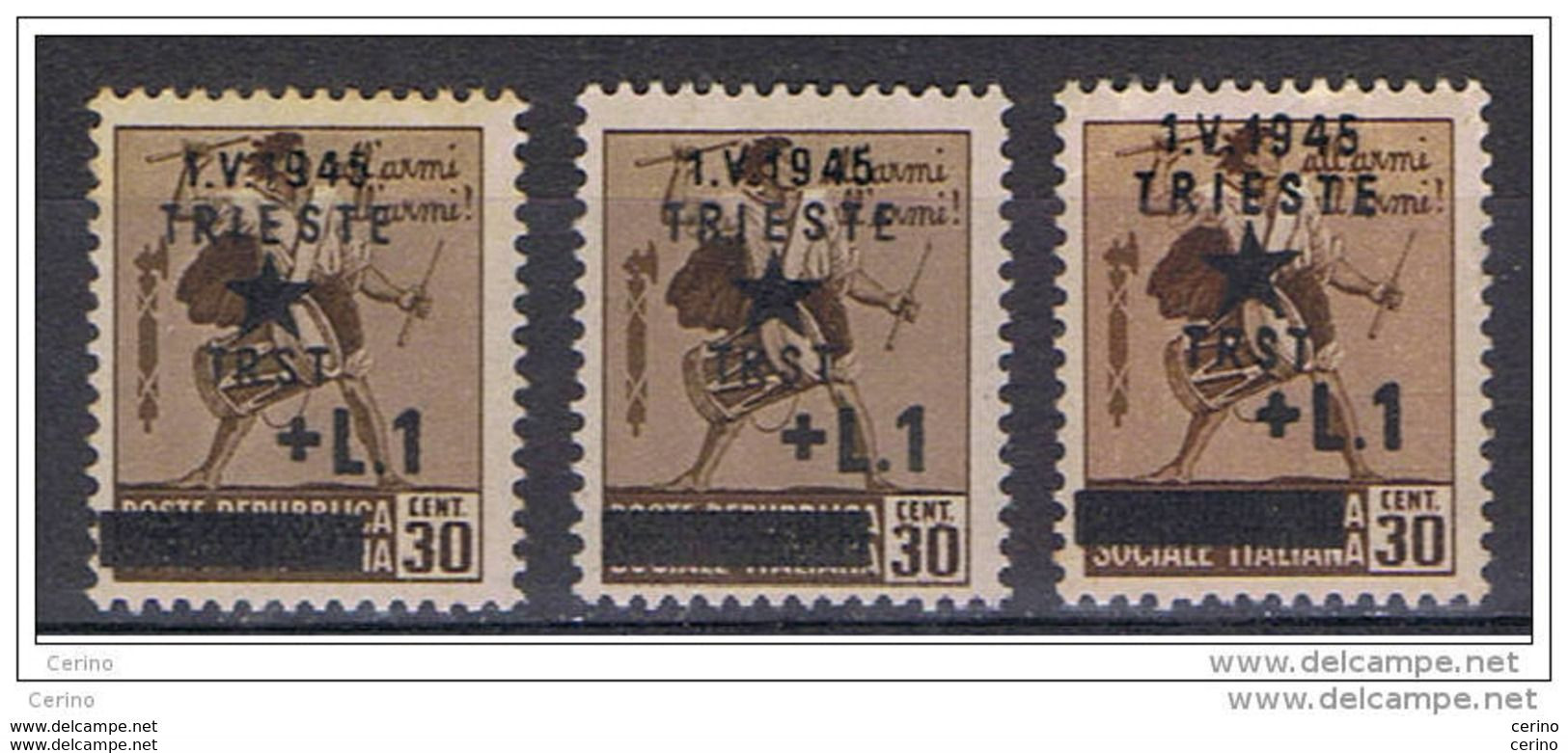 TRIESTE - OCC. JUGOSLAVA:  1945  SOPRASTAMPATO  -  £.1/30 C. BRUNO  N. -  RIPETUTO  3  VOLTE  -  SASS. 3 - Jugoslawische Bes.: Triest