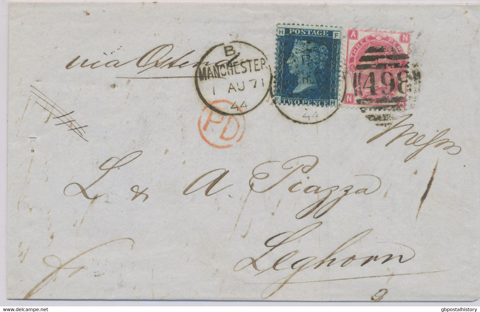 GB 1871 QV 2d Pl.13 (FH) And 3d Pl.6 (NA) 5d Postage (to Italy Possible Since 1.7.1870) On Very Fine Cover To LEGHORN - Lettres & Documents