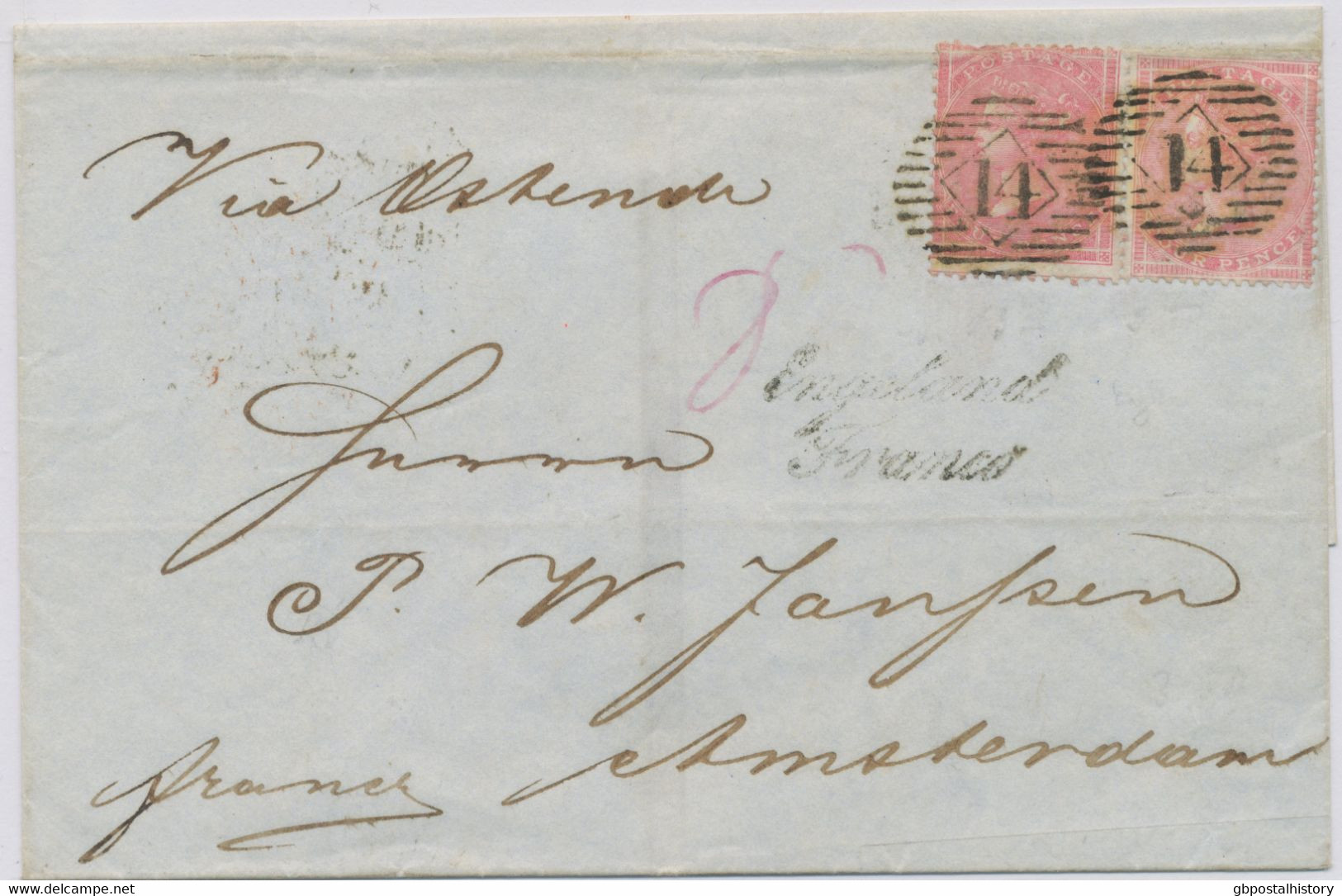 GB 1860 QV 4d Rose-carmin (2x) Sound Used On Very Fine Cover With LONDON Numeral „14“ (Parmenter 14U – NEW EARLIEST DATE - Covers & Documents