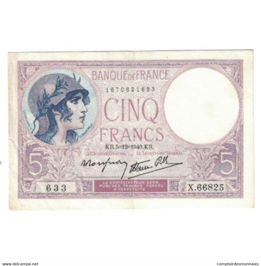 France, 5 Francs, Violet, 1940, X.66825 633, TTB, Fayette:4.16, KM:83 - 5 F 1917-1940 ''Violet''