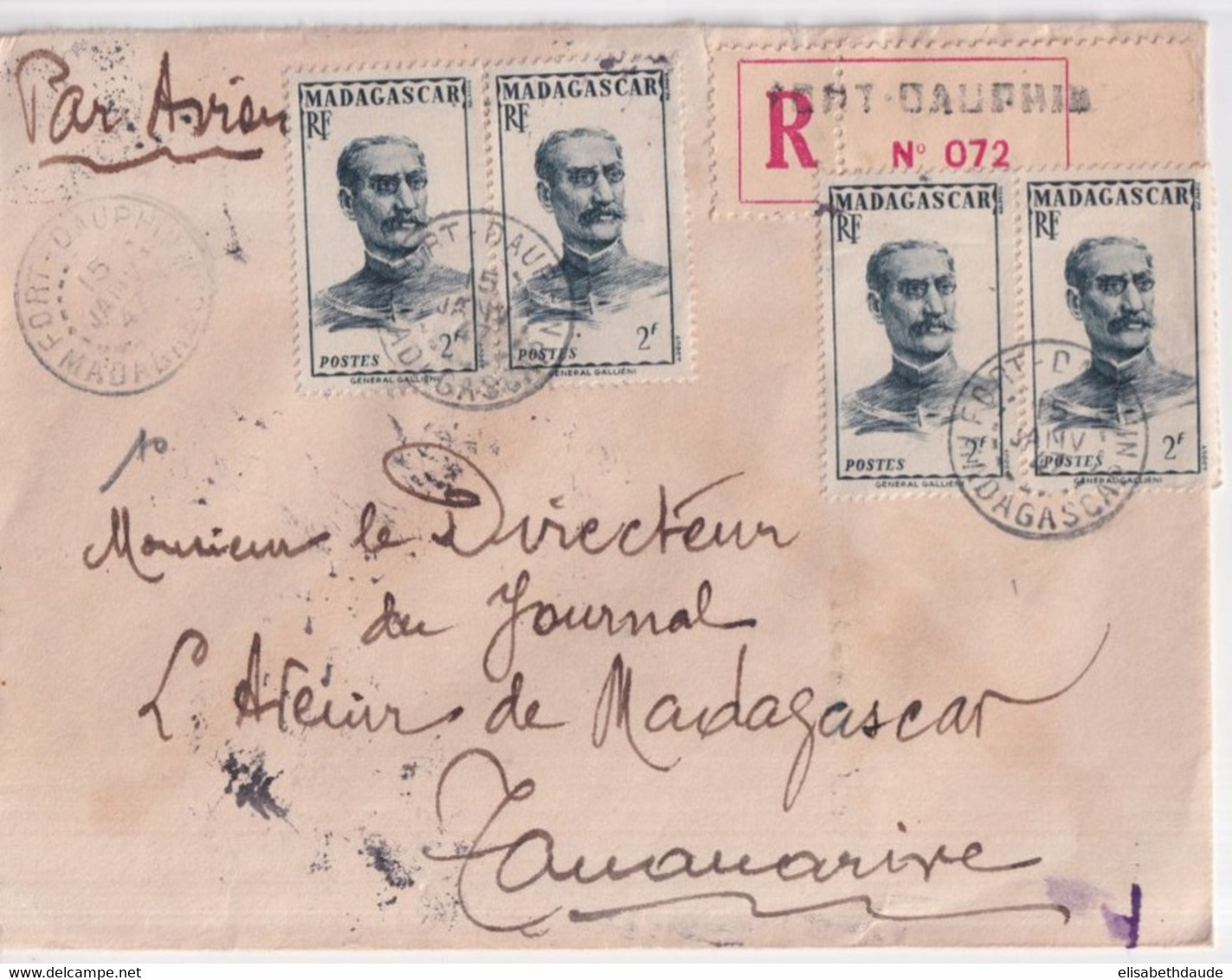 MADAGASCAR - 1947 - ENVELOPPE RECOMMANDEE De FORT DAUPHIN ! => TANANARIVE - Lettres & Documents