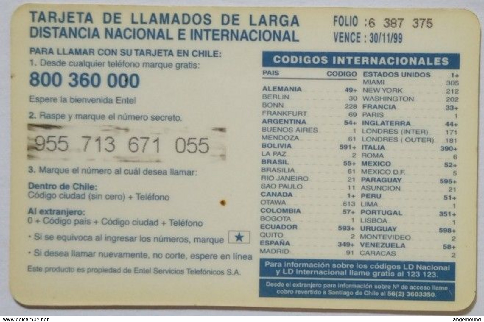 Chile  Entel  " Torre Y Lago $1000 On Front " - Chile