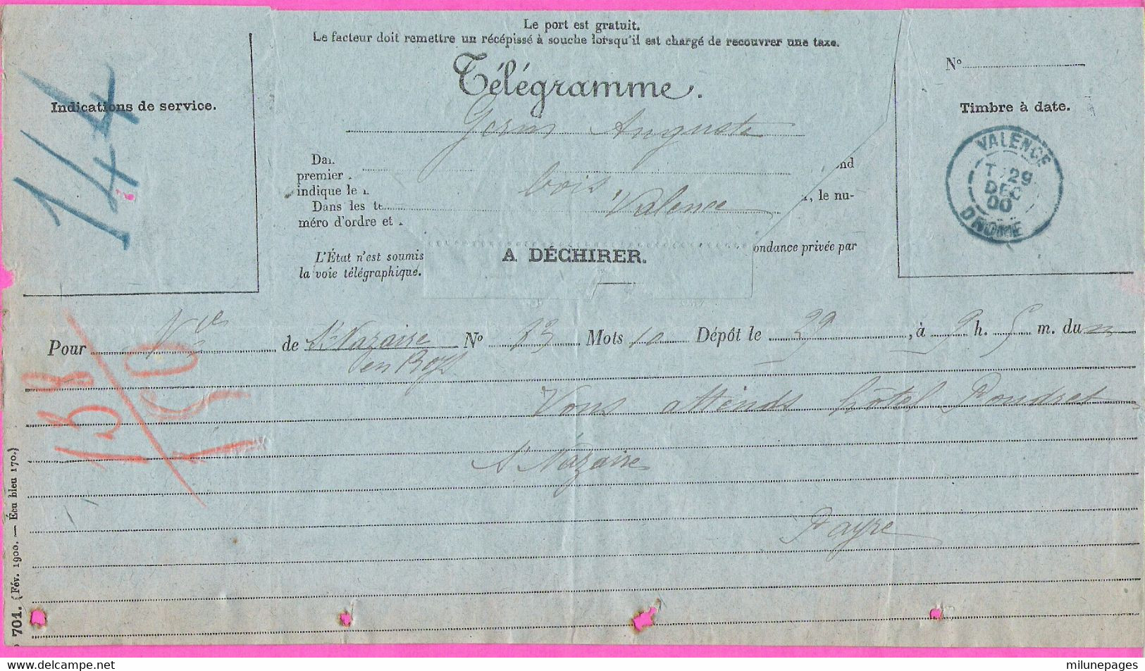 Grand Télégramme De St Nazaire En Royans Pour Valence Càd Type A2 Bleu Du 29 Décembre 1900 - Telegraaf-en Telefoonzegels