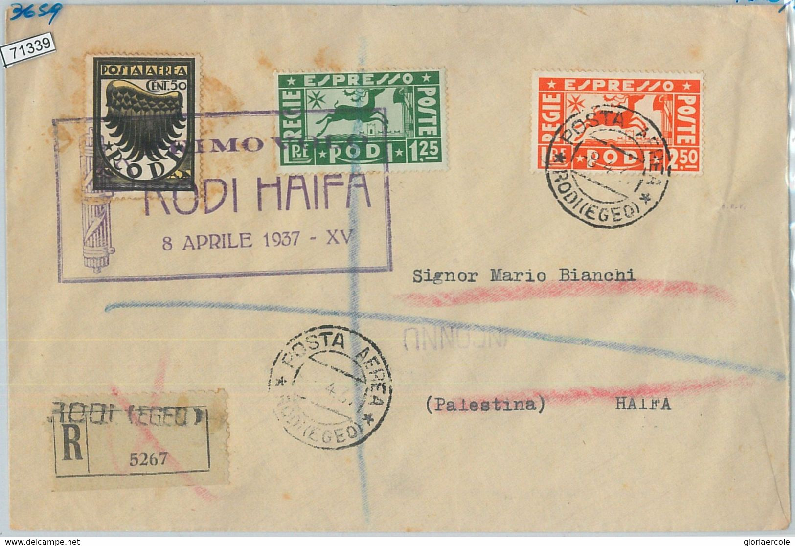 71339 -  Postal History - FIRST FLIGHT:  RHODES Egeo  / HAIFA Palestine 1937 - Dodécanèse