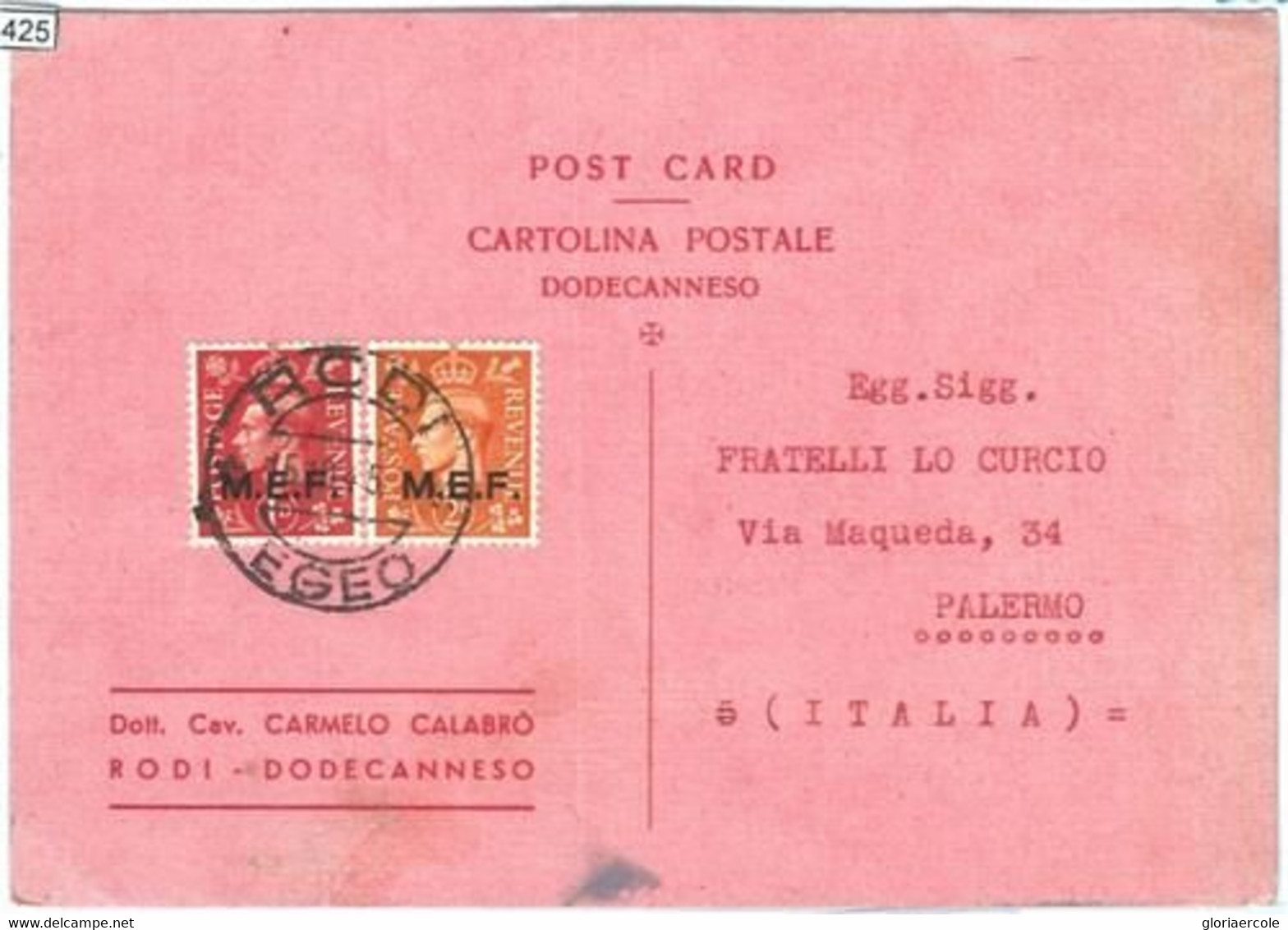 71424 -  Postal History - CARD From  RHODES Dodecanneso With MEF Stamps! 1945 - Dodécanèse