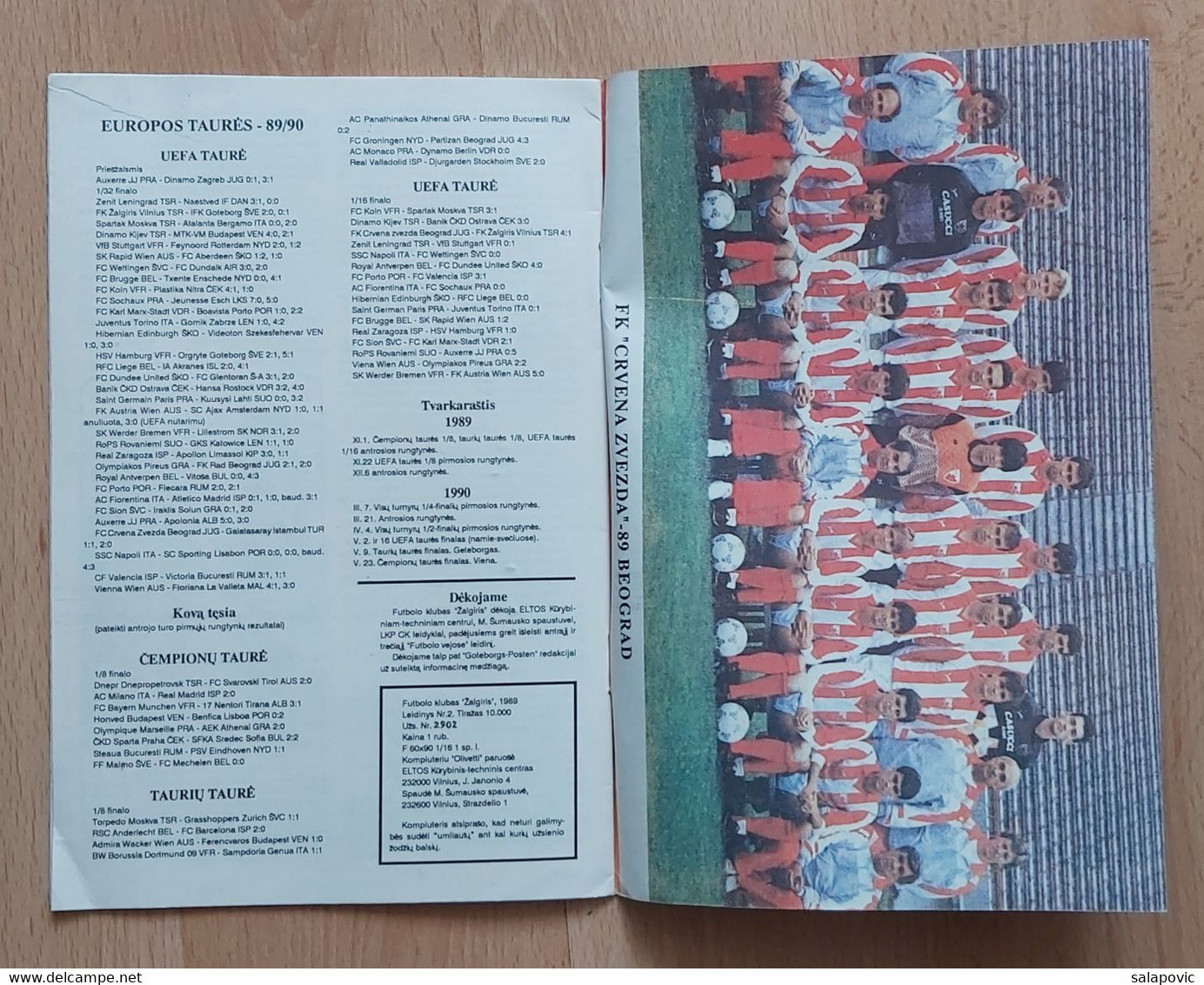 Zalgiris Vilnius - Crvena Zvezda Belgrade 1989-90 Programme FOOTBALL MATCH PROGRAM